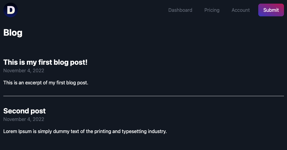 Screenshot of blog